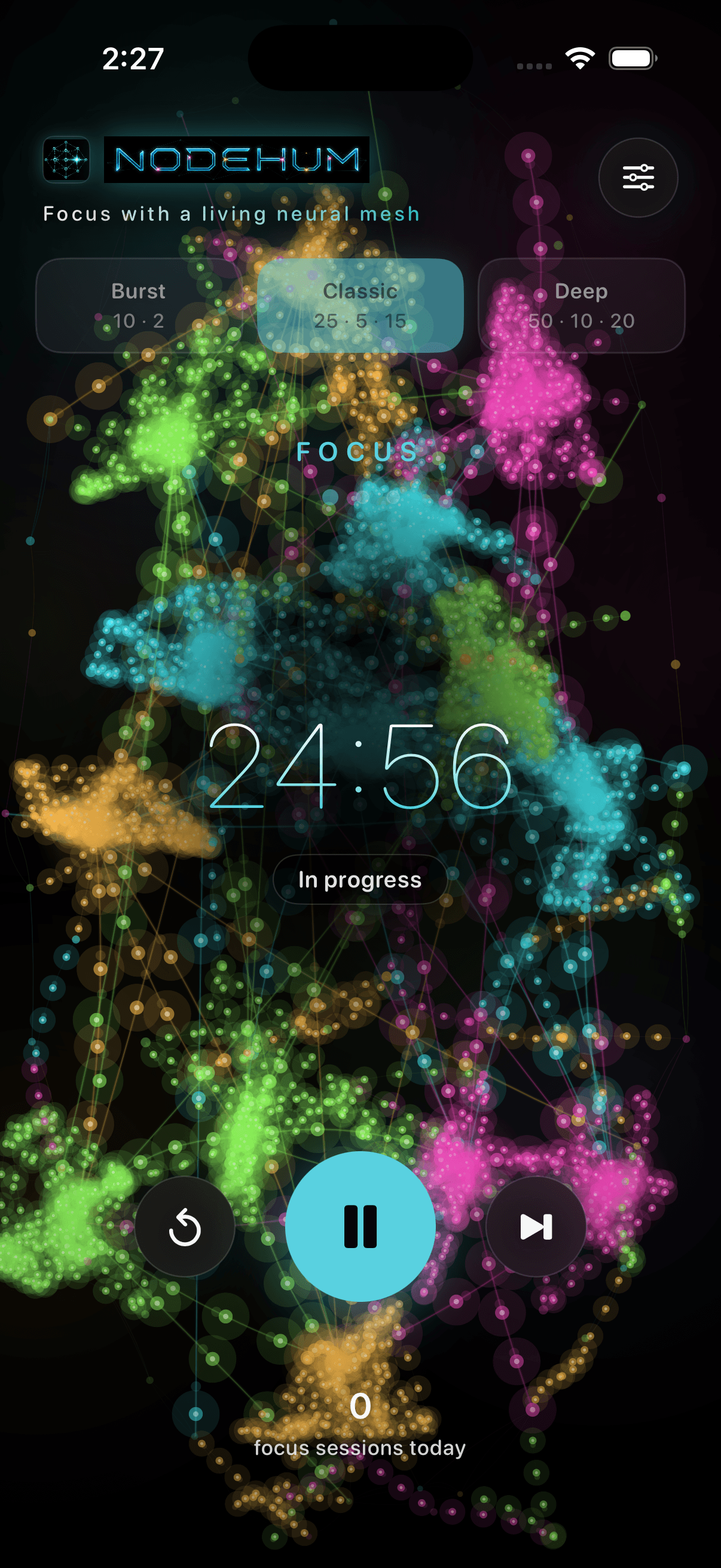 Nodehum Connectome neural mesh during a focus session