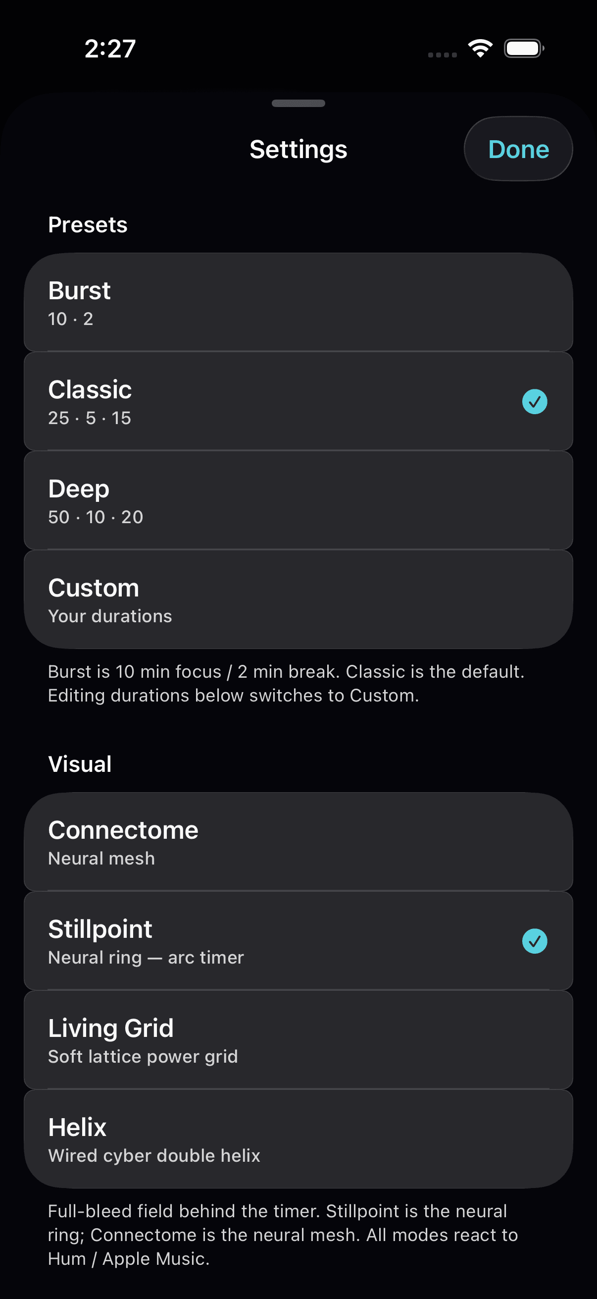 Nodehum settings — presets and visual modes